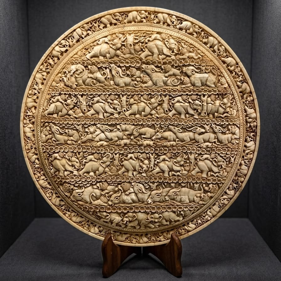 Islamic handcrafted natural camelbone panel depicting hunting scenery.